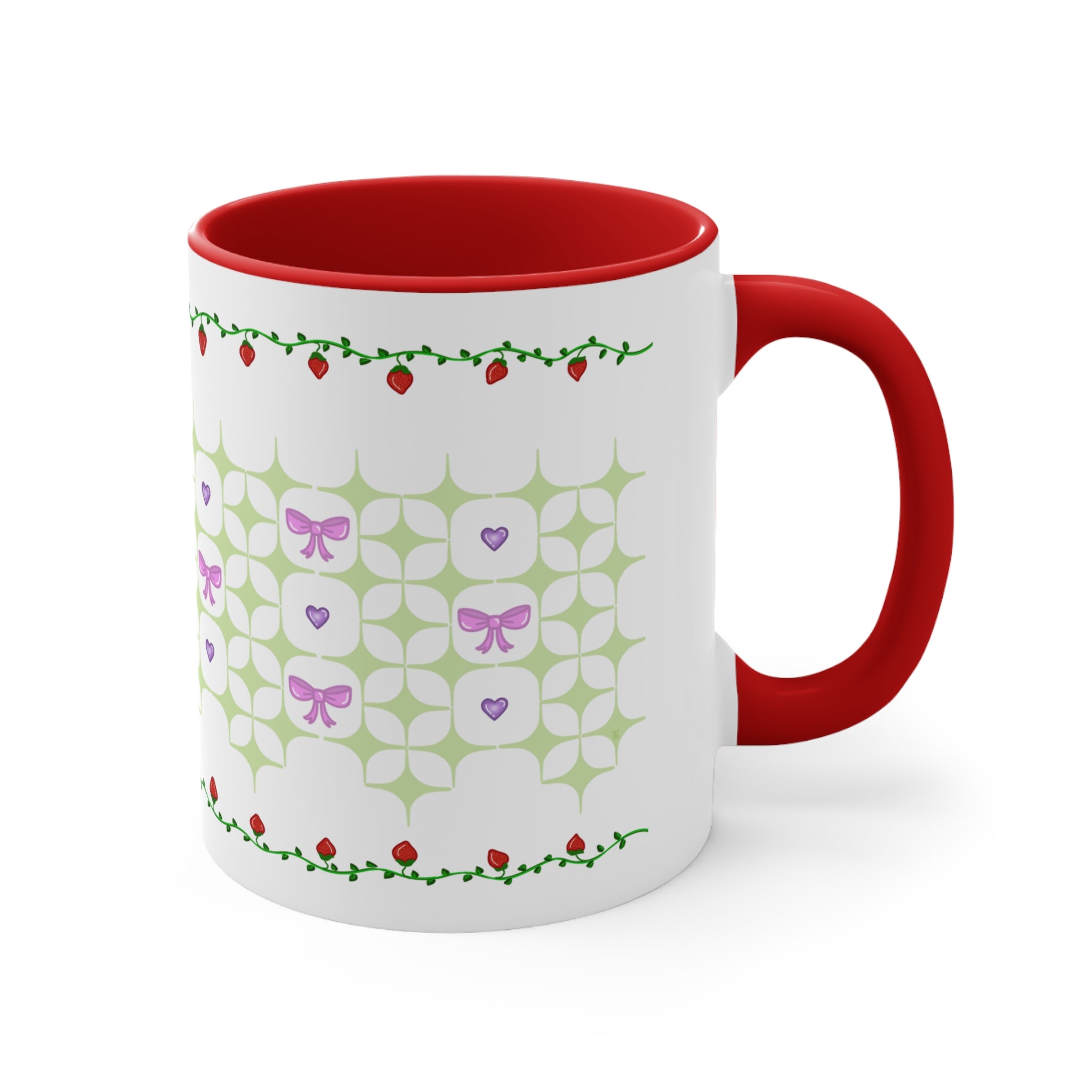 Strawberry, bows, and hearts doily coquette Lolita cottage core Accent Mug, 11oz,15oz, three color variation of handle and inside