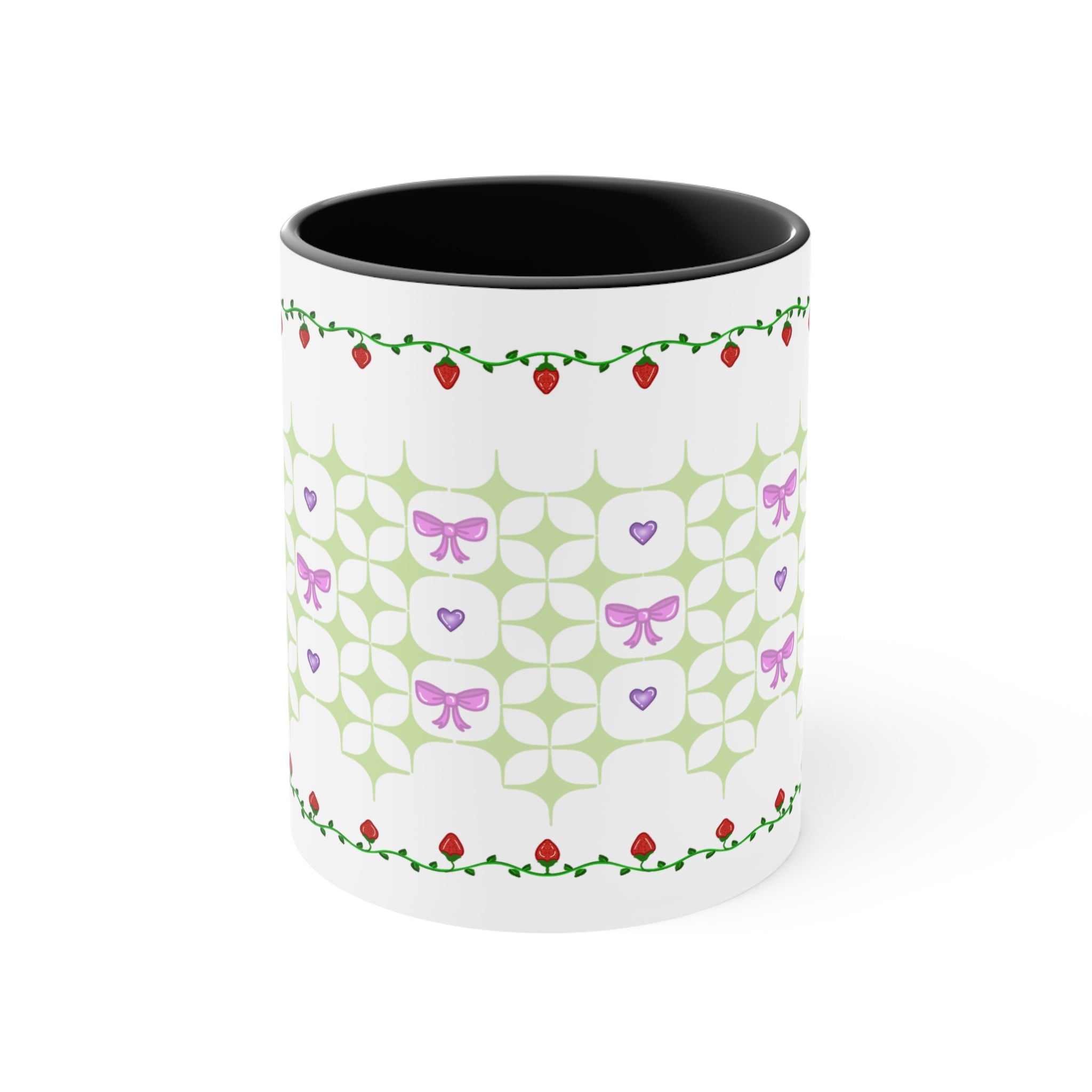 Strawberry, bows, and hearts doily coquette Lolita cottage core Accent Mug, 11oz,15oz, three color variation of handle and inside
