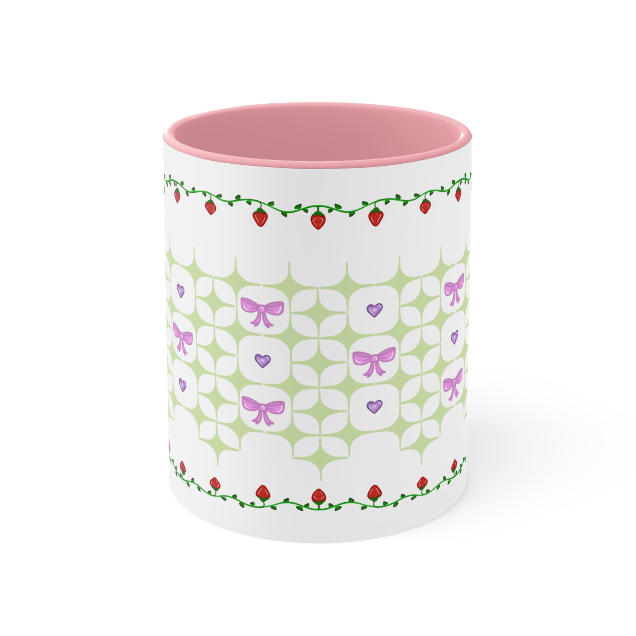 Strawberry, bows, and hearts doily coquette Lolita cottage core Accent Mug, 11oz,15oz, three color variation of handle and inside