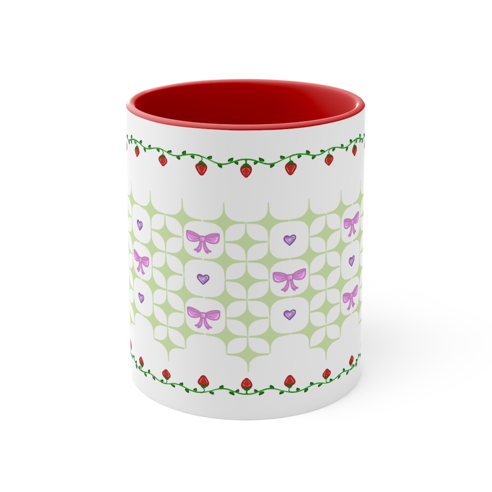 Strawberry, bows, and hearts doily coquette Lolita cottage core Accent Mug, 11oz,15oz, three color variation of handle and inside