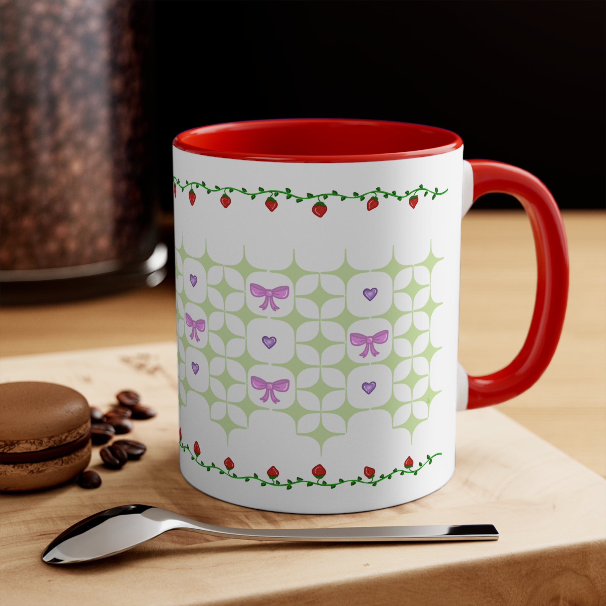 Strawberry, bows, and hearts doily coquette Lolita cottage core Accent Mug, 11oz,15oz, three color variation of handle and inside
