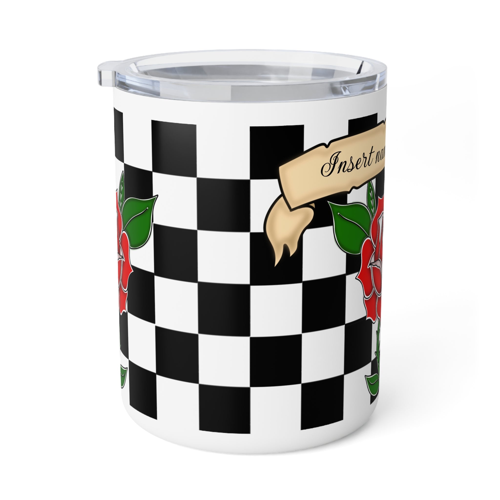 Personalizable metal Insulated Coffee Mug/cup, 10oz with black and white checkered pattern Red rose American traditional tattoo design with ribbon for customization