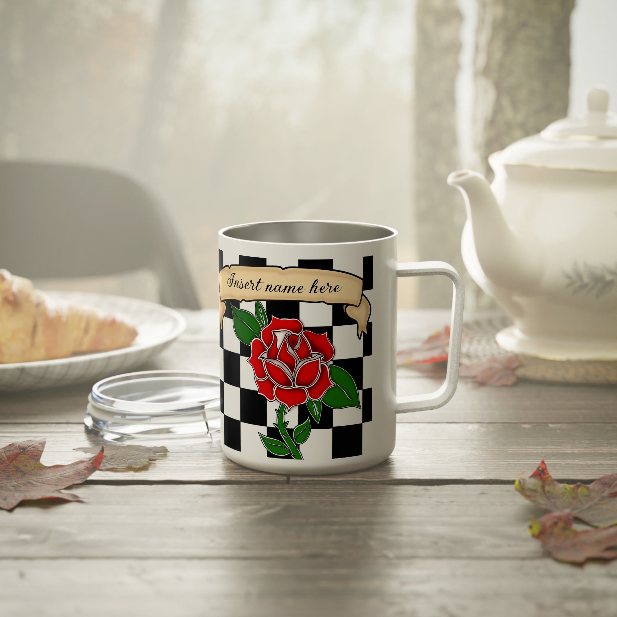 Personalizable metal Insulated Coffee Mug/cup, 10oz with black and white checkered pattern Red rose American traditional tattoo design with ribbon for customization