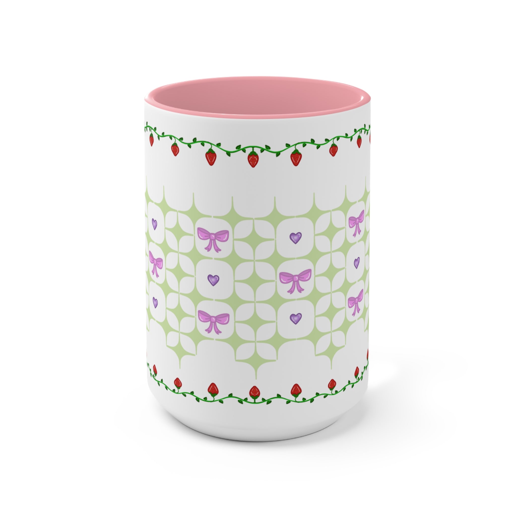 Strawberry, bows, and hearts doily coquette Lolita cottage core Accent Mug, 11oz,15oz, three color variation of handle and inside