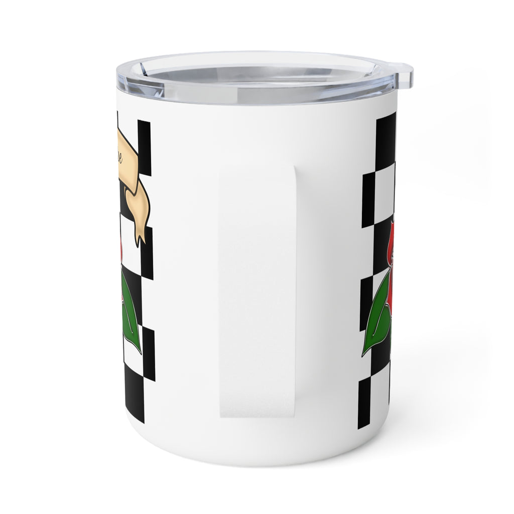 Personalizable metal Insulated Coffee Mug/cup, 10oz with black and white checkered pattern Red rose American traditional tattoo design with ribbon for customization