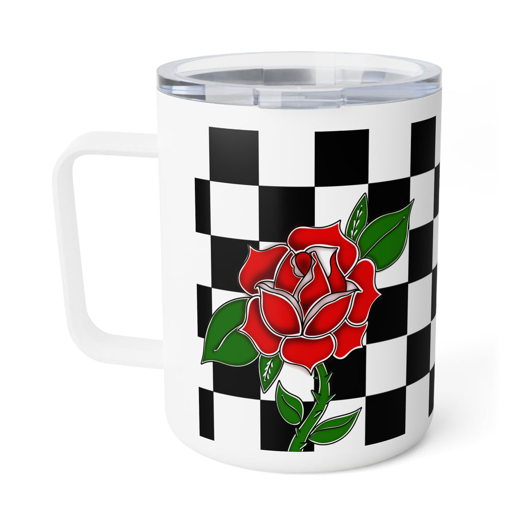 Personalizable metal Insulated Coffee Mug/cup, 10oz with black and white checkered pattern Red rose American traditional tattoo design with ribbon for customization
