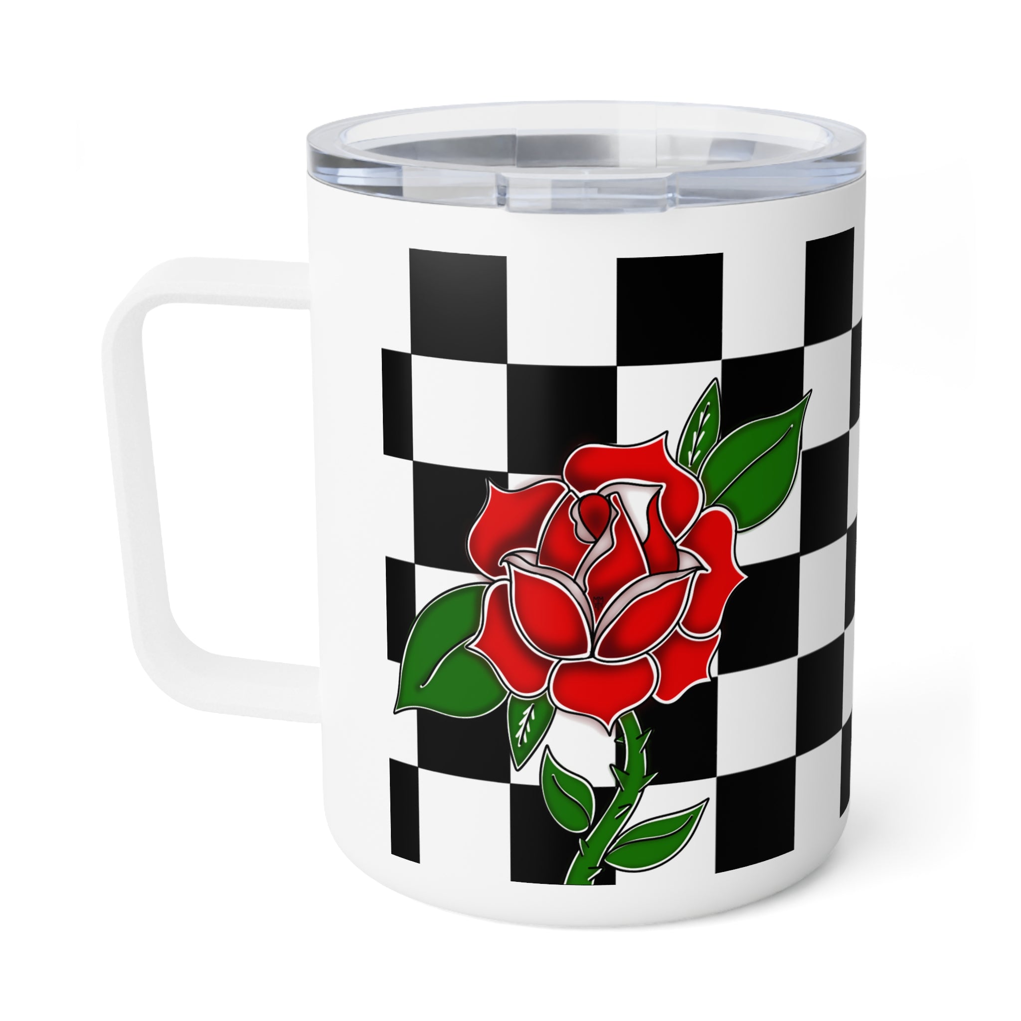 Personalizable metal Insulated Coffee Mug/cup, 10oz with black and white checkered pattern Red rose American traditional tattoo design with ribbon for customization