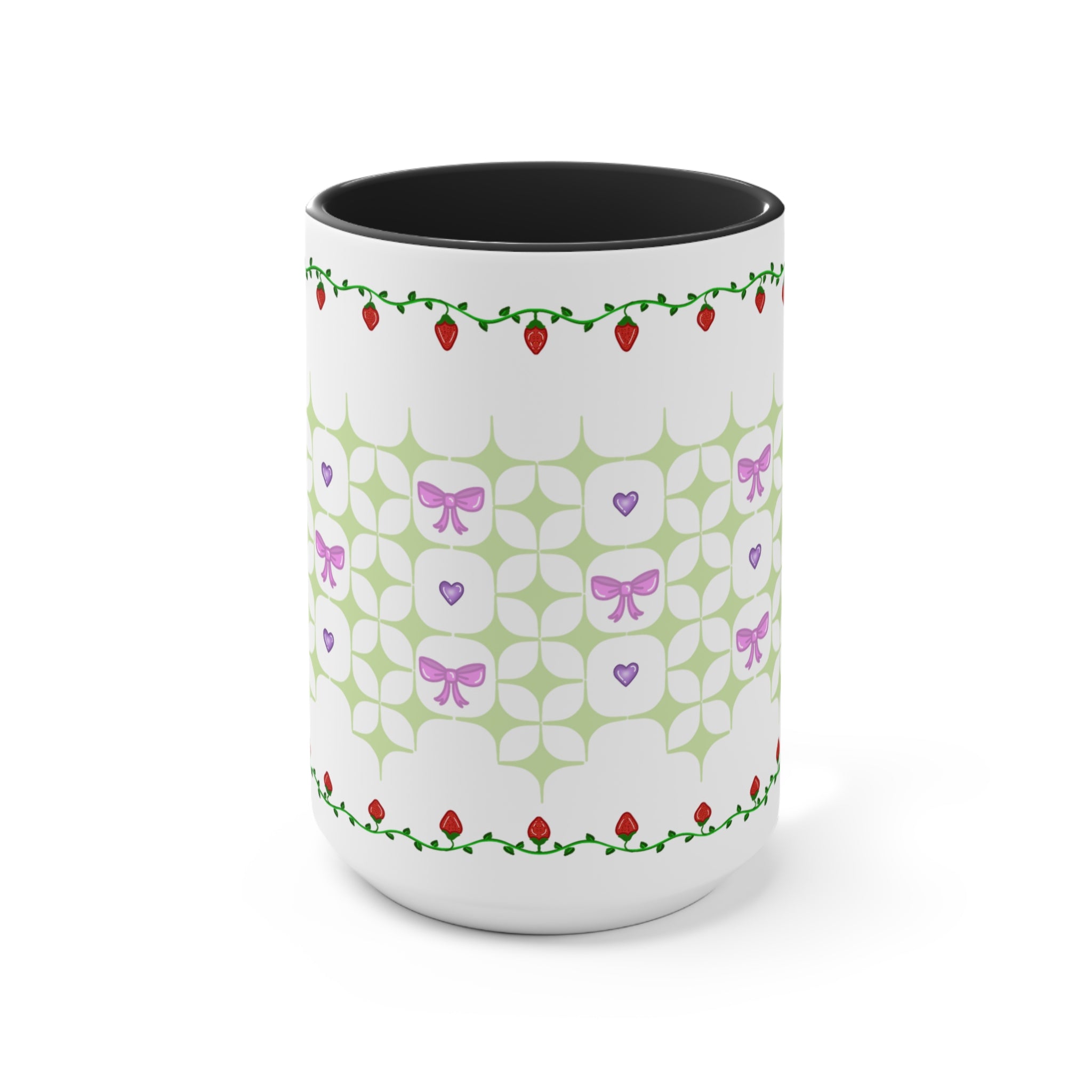 Strawberry, bows, and hearts doily coquette Lolita cottage core Accent Mug, 11oz,15oz, three color variation of handle and inside
