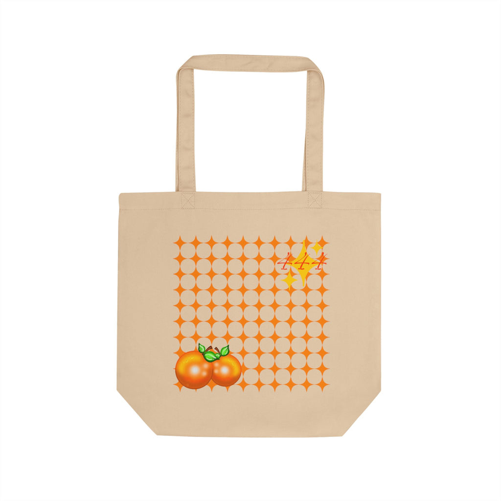 Eco Tote Bag Oranges and Stars design angel number 444 TRPLD Lifestyle logo checker print fruit pattern