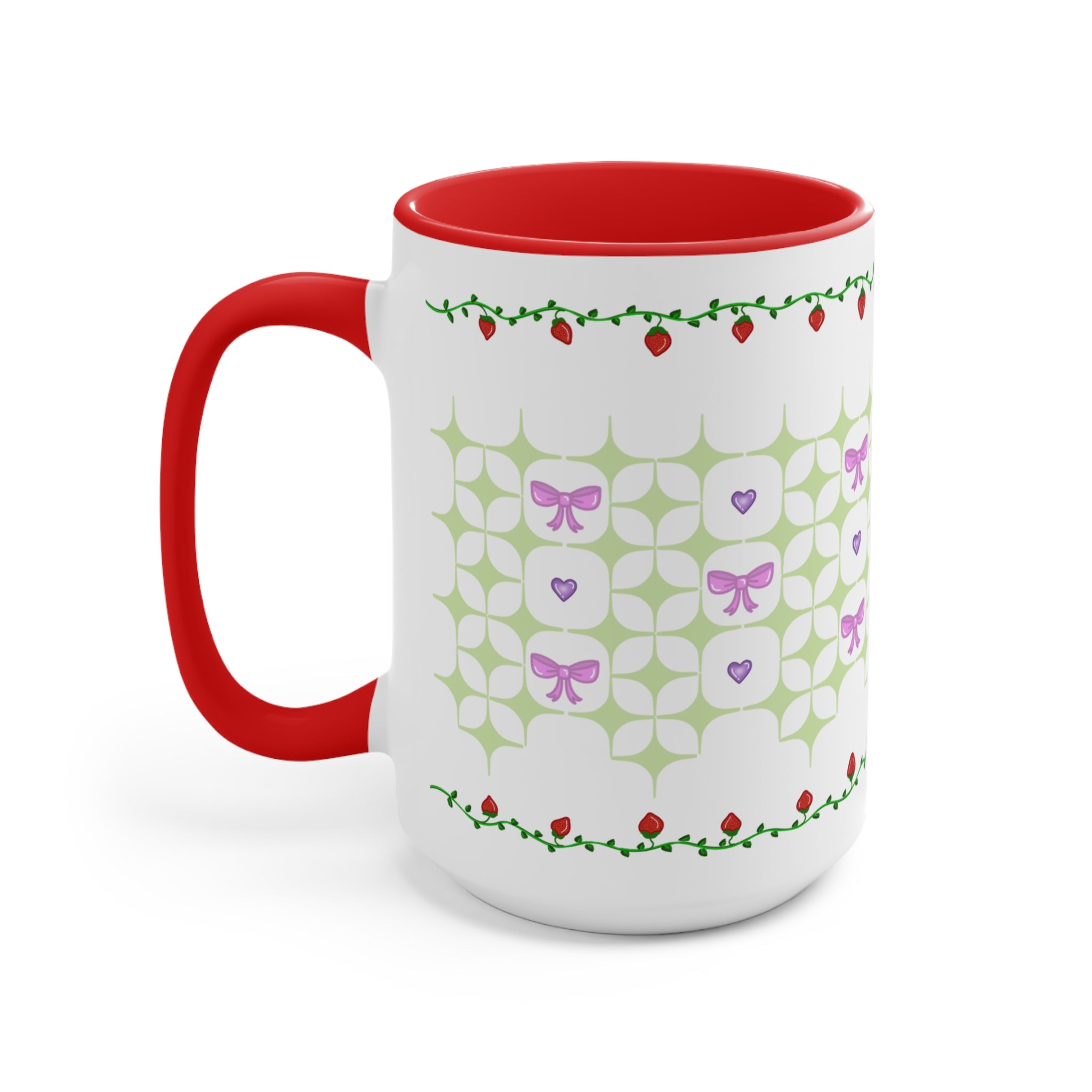 Strawberry, bows, and hearts doily coquette Lolita cottage core Accent Mug, 11oz,15oz, three color variation of handle and inside