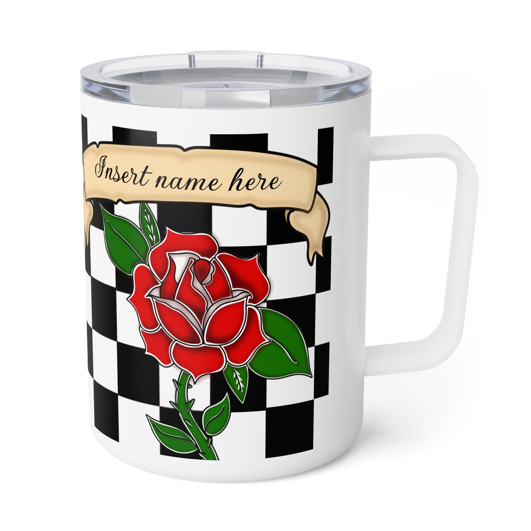 Personalizable metal Insulated Coffee Mug/cup, 10oz with black and white checkered pattern Red rose American traditional tattoo design with ribbon for customization