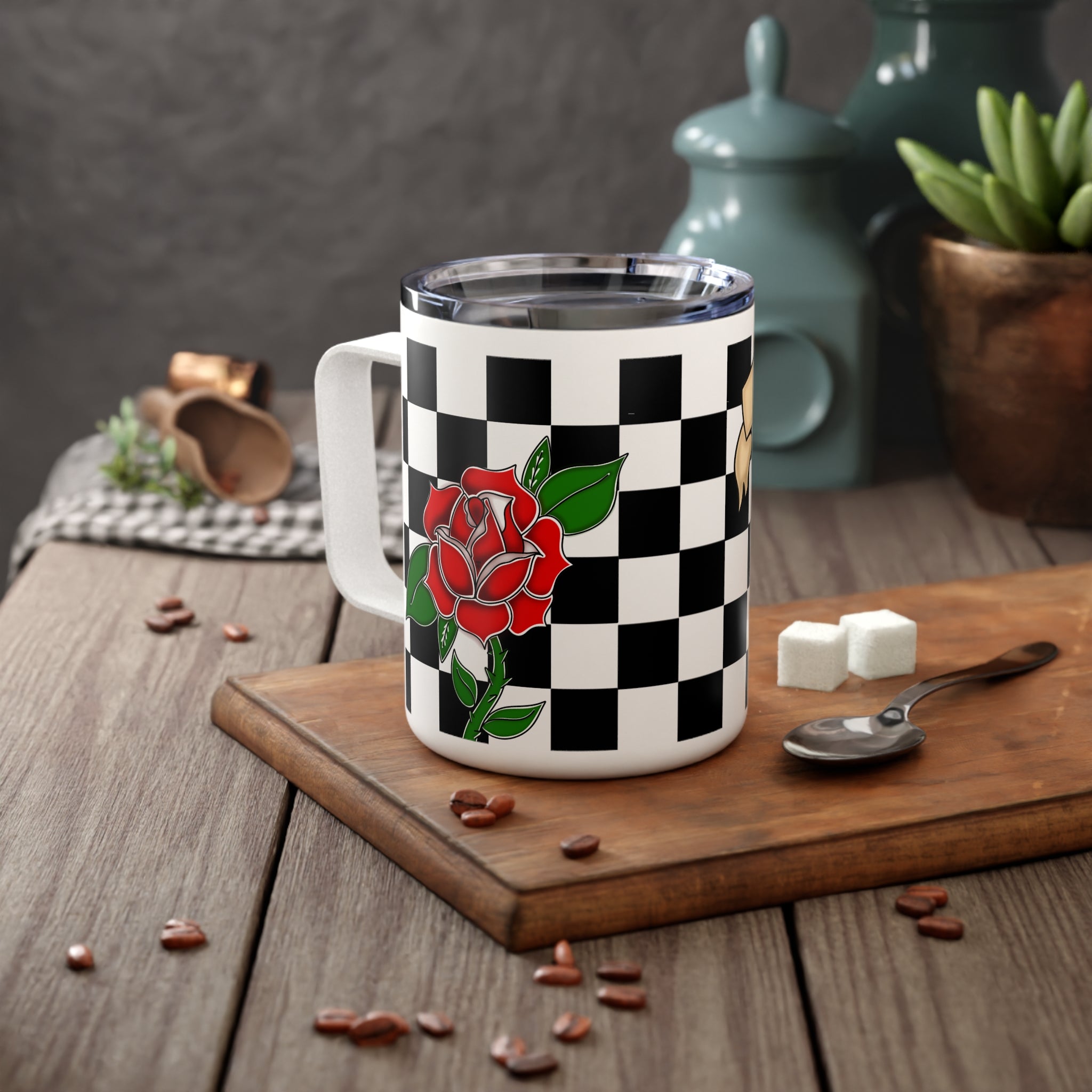 Personalizable metal Insulated Coffee Mug/cup, 10oz with black and white checkered pattern Red rose American traditional tattoo design with ribbon for customization