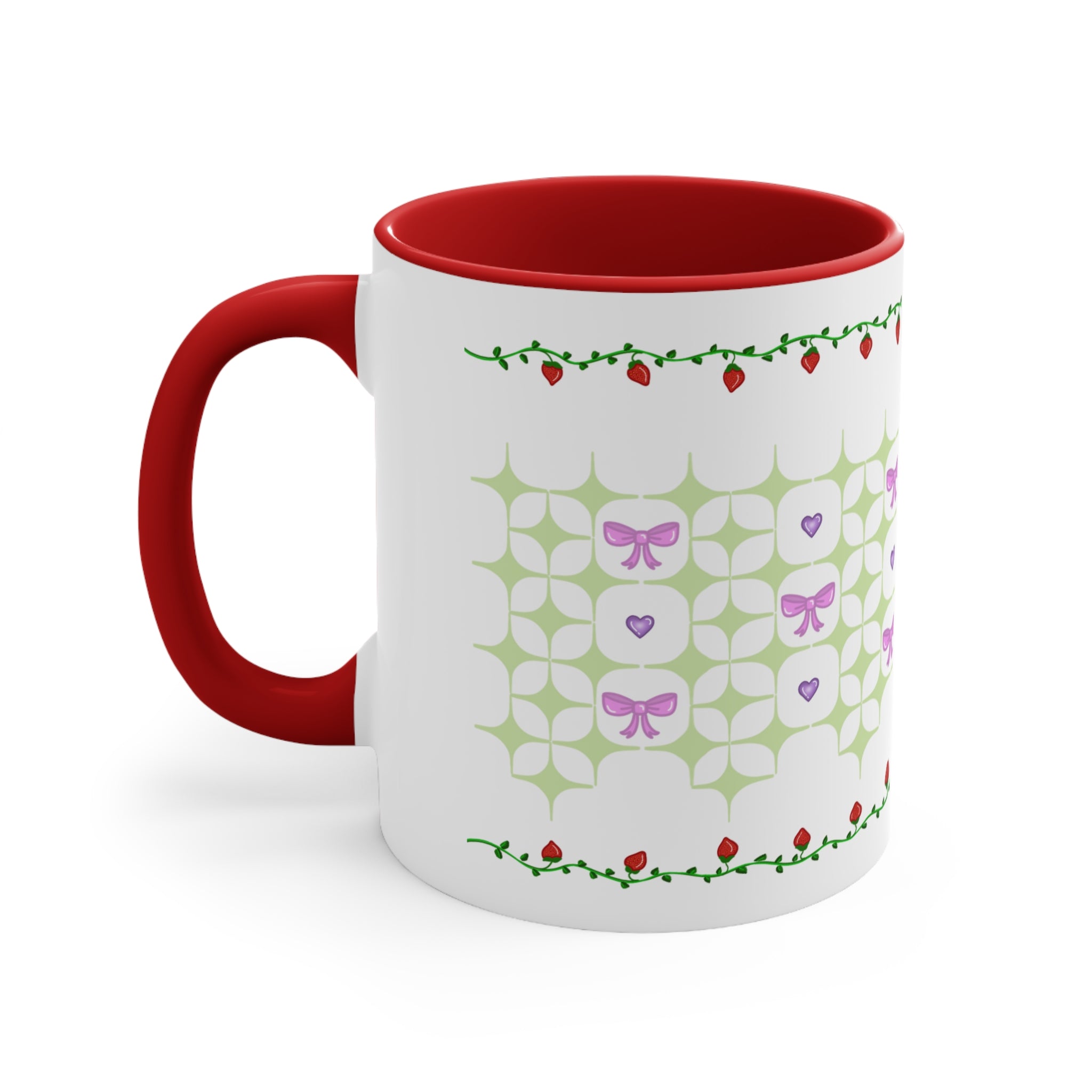 Strawberry, bows, and hearts doily coquette Lolita cottage core Accent Mug, 11oz,15oz, three color variation of handle and inside