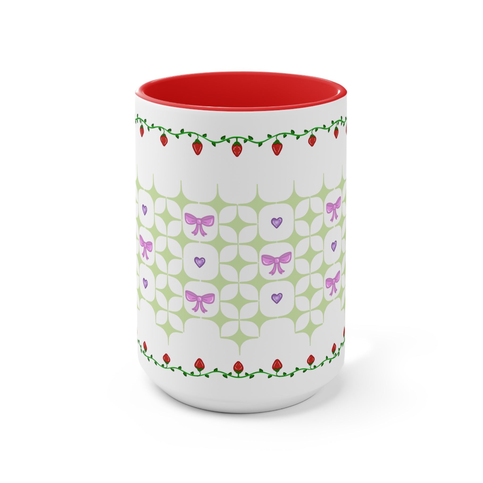 Strawberry, bows, and hearts doily coquette Lolita cottage core Accent Mug, 11oz,15oz, three color variation of handle and inside